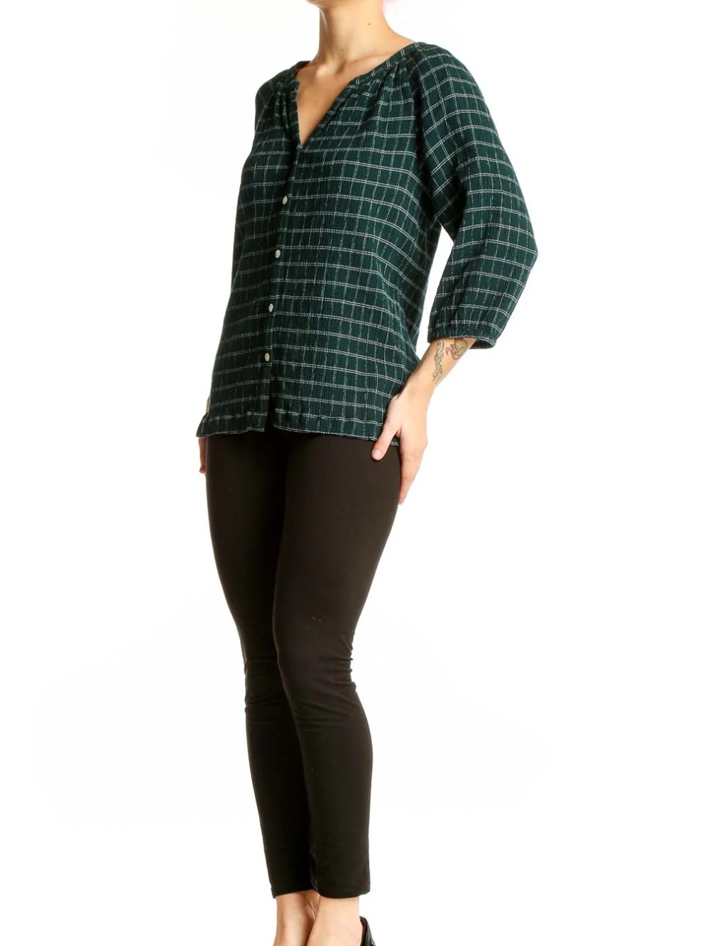 J.Jill‎ Plaid Roll Tab Sleeve Button Front Blouse Shirt Top Green